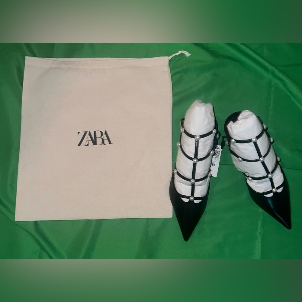 NWT Zara Sling Back Kitten Heels with Pearl Detailing size 38 - Picture 3 of 13